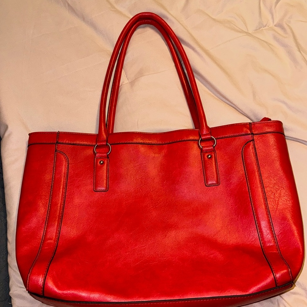 Red leather tote bag